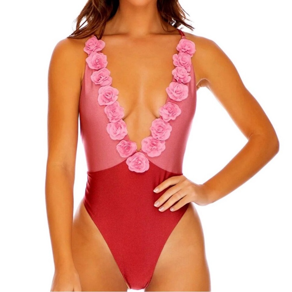Luli Fama BLOOM - Deep V Crossed Back One Piece Rosette Small